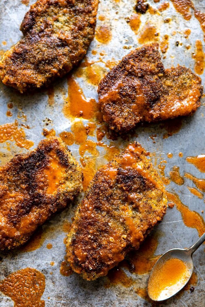 overhead photo of Crispy Buffalo Ranch Chicken on baking sheet