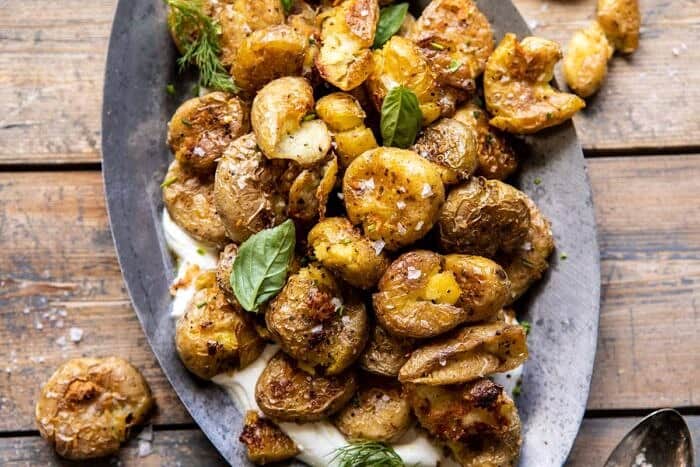 horizontal photo of Crispy Salt and Vinegar Smashed Potatoes 