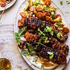 Lemon Parmesan Salmon with Corn, Tomato, and Avocado Salad | halfbakedharvest.com #salmon #grillingrecipes #dinner