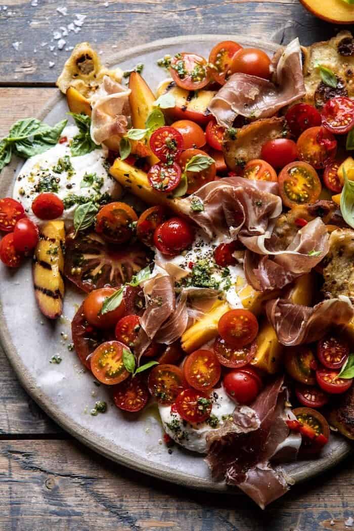 overhead close up photo of Peach Caprese Salad with Toasted Garlic Naan