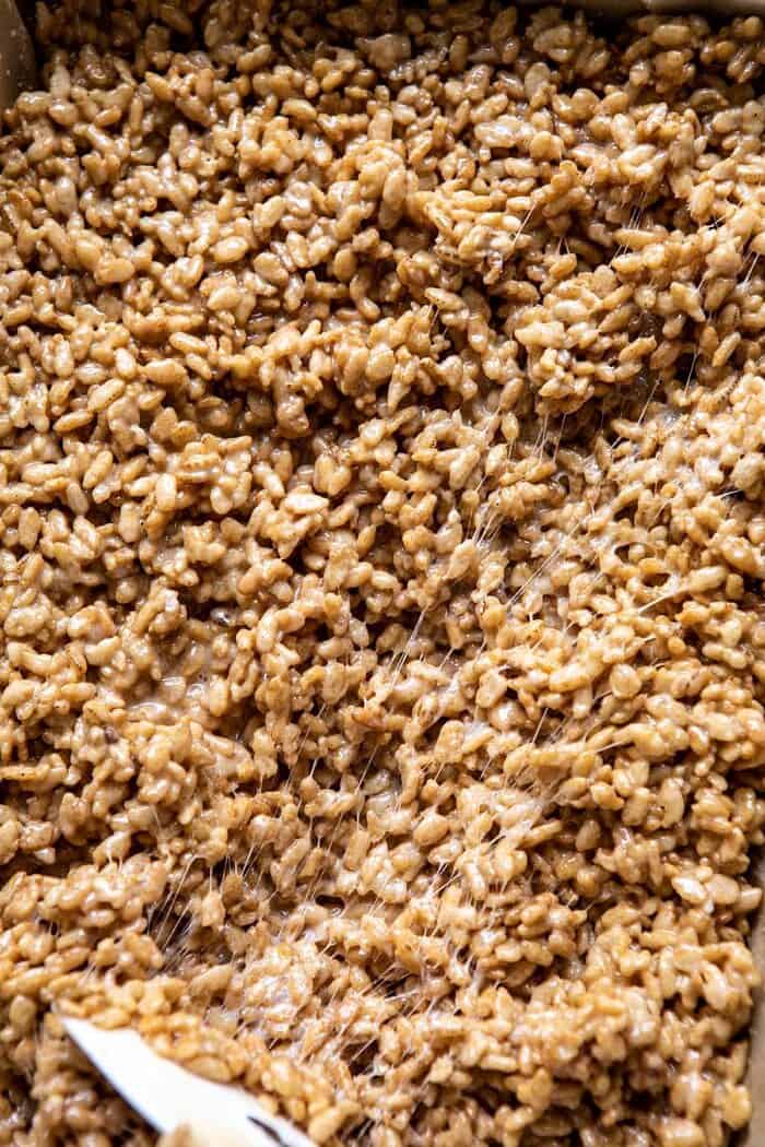 Better Than Mom's Brown Butter Rice Krispie Treats in baking pan