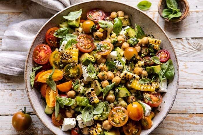 horizontal photo of Corn, Tomato, and Avocado Chickpea Salad 