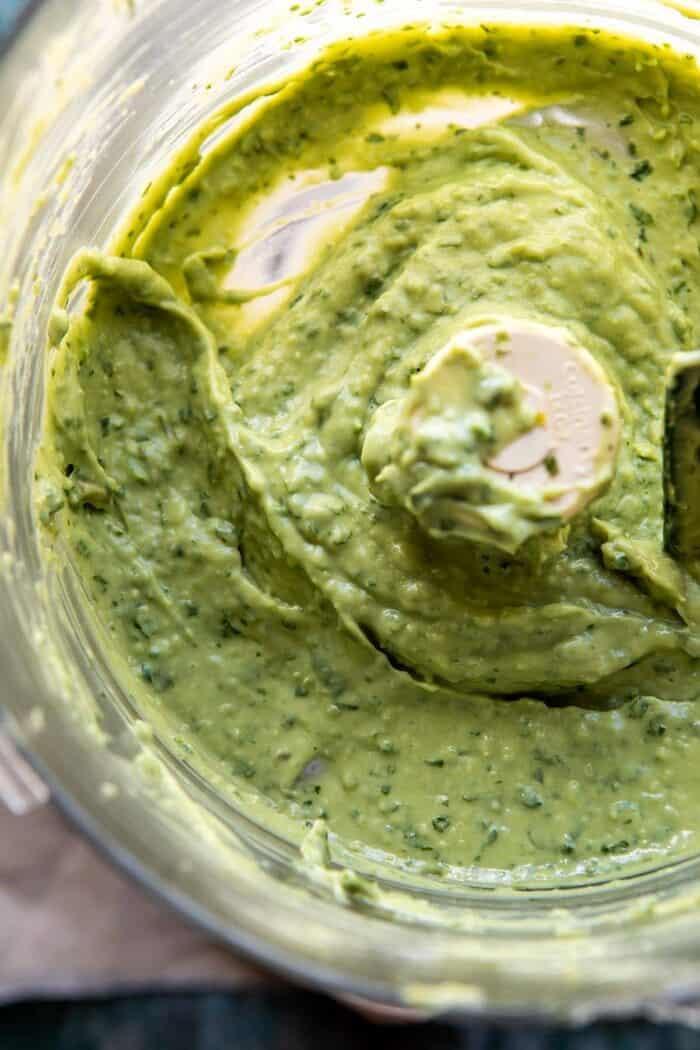 overhead photo of avocado ranch in food processor 
