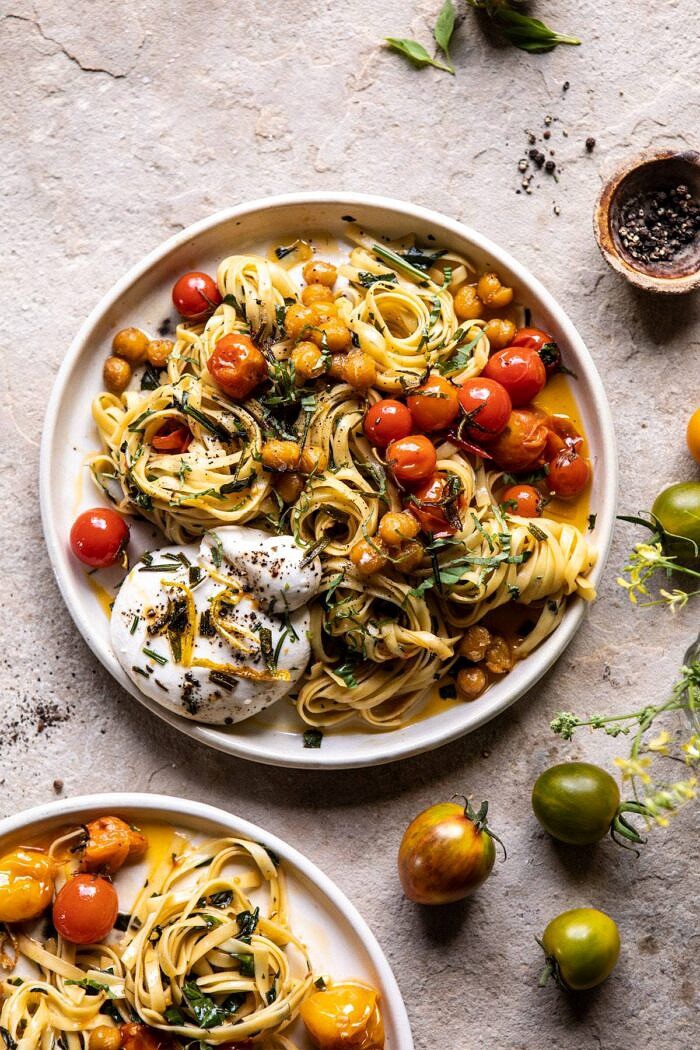 overhead photo of Jammy Cherry Tomato Pasta with Crisp Lemon Rosemary Chickpeas