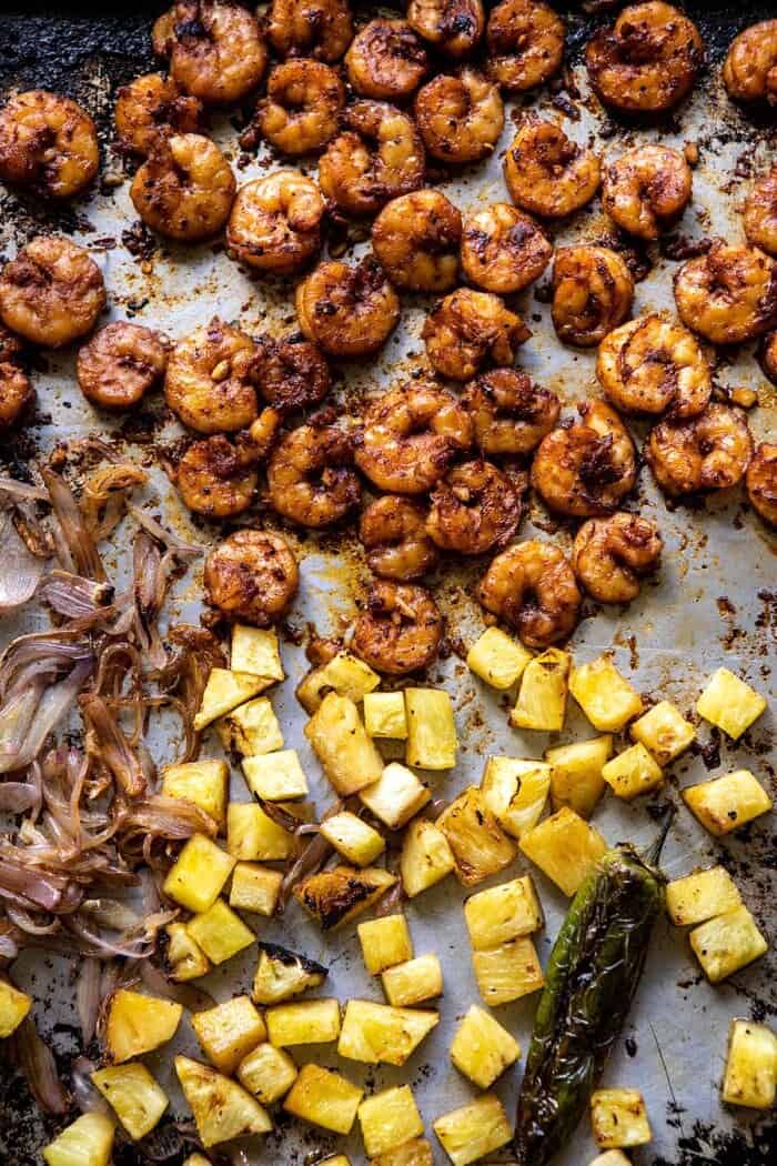 shrimp and pineapple on sheet pan after cooking 