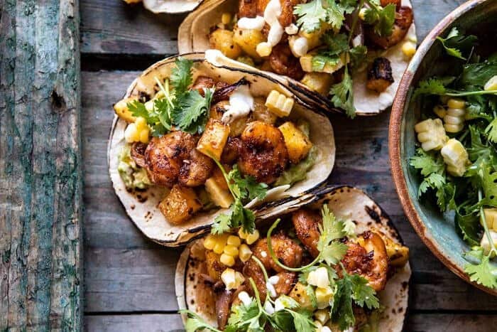 overhead horizontal photo of Sheet Pan Hawaiian Pineapple Shrimp Tacos