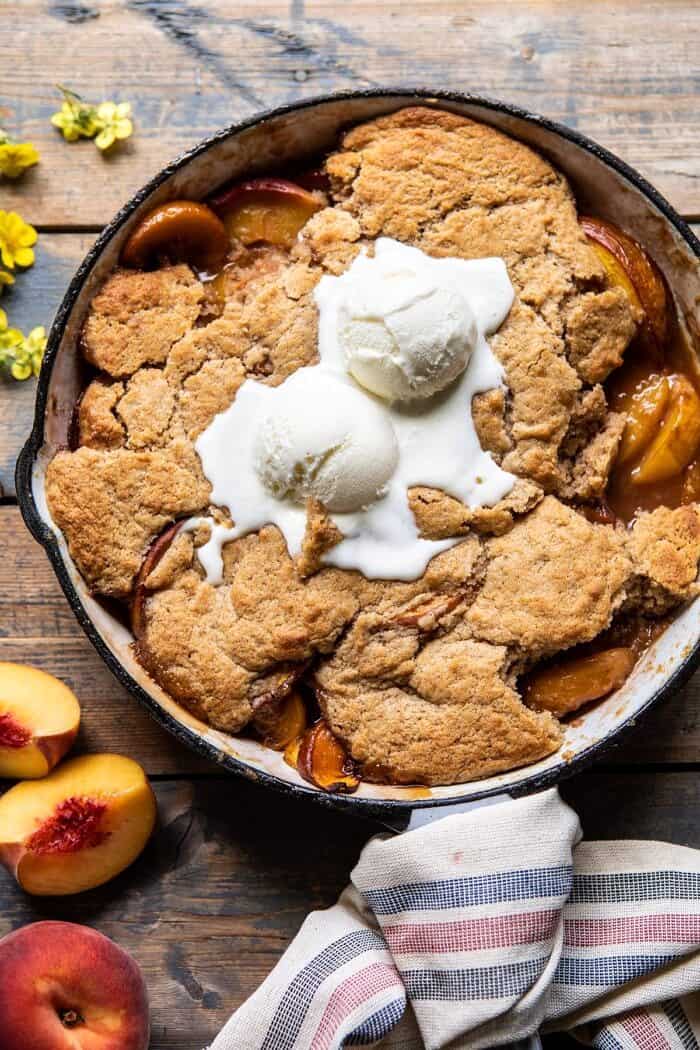 Skillet Brown Sugar Peach Cobbler | halfbakedharvest.com #peach #summer #easyrecipes #cobbler
