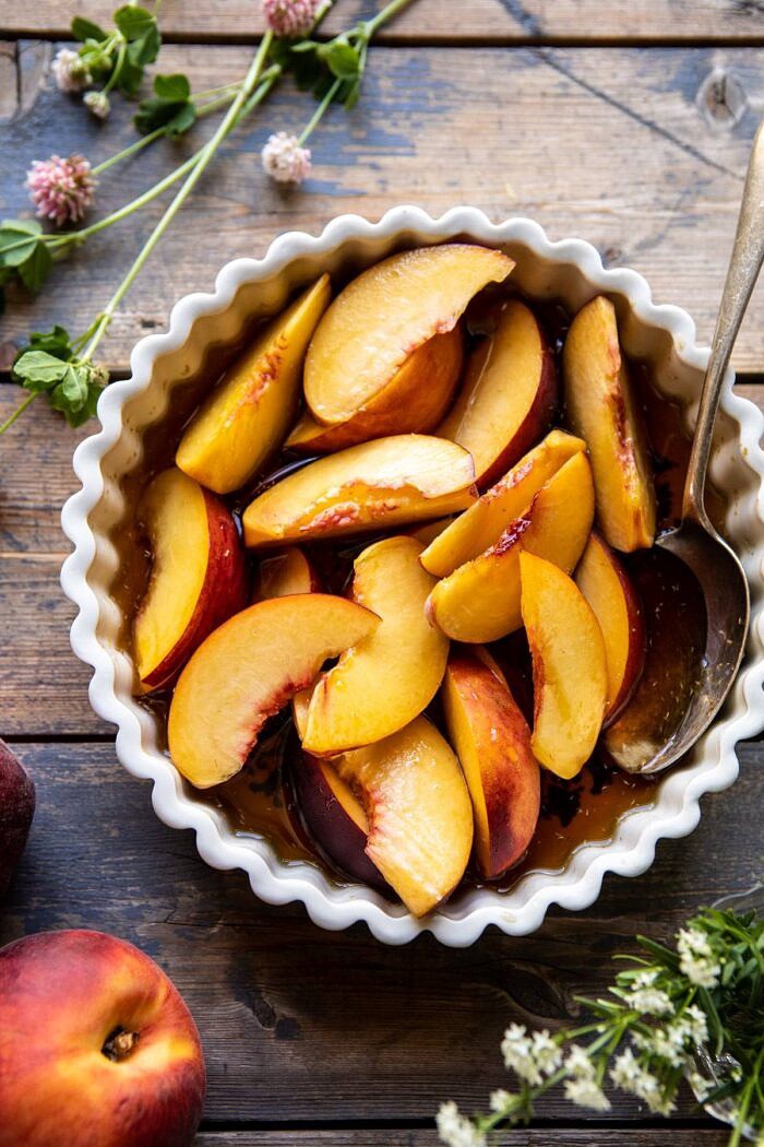 overhead photo of Peaches in honey
