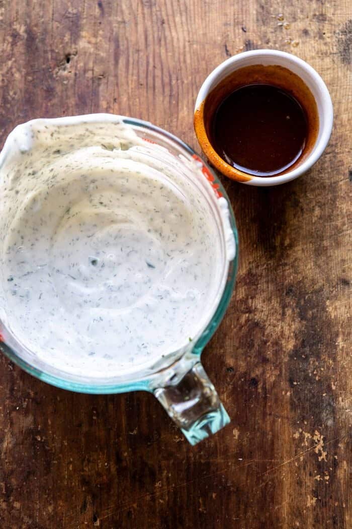 overhead photo of Spicy Ranch and bbq sauce
