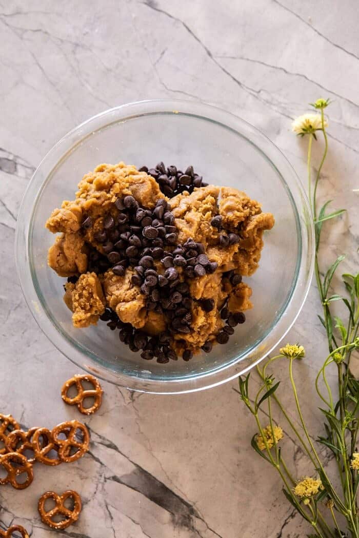 Chocolate Peanut Butter Pretzel Blondie dough in mixing bowl 