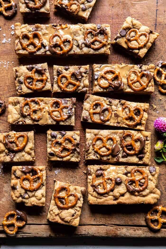 overhead photo of Chocolate Peanut Butter Pretzel Blondies 