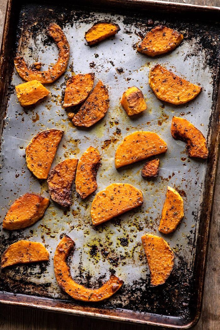 overhead photo of Roasted Butternut Squash on baking sheet