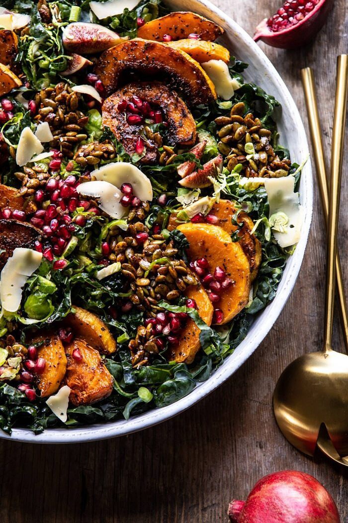 side angled photo of Fall Harvest Roasted Butternut Squash and Pomegranate Salad 