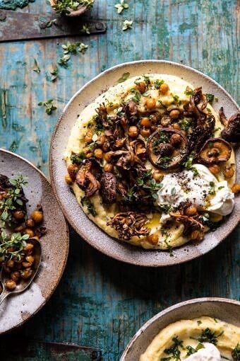 Pesto Polenta with Thyme Roasted Mushrooms and Chickpeas | halfbakedharvest.com #pesto #polenta #mushrooms #easyrecipes