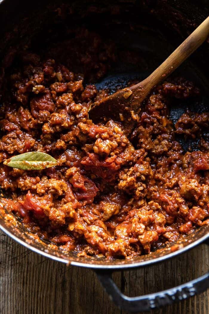 overhead photo of ragu sauce in pot 