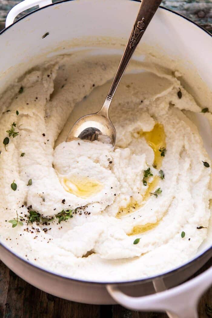 overhead photo of Mashed Cauliflower in pot