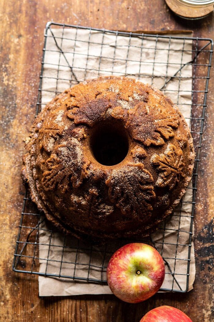 overhead photo of Spiced Pecan Apple Cider Doughnut Cake after baking on cooking rack