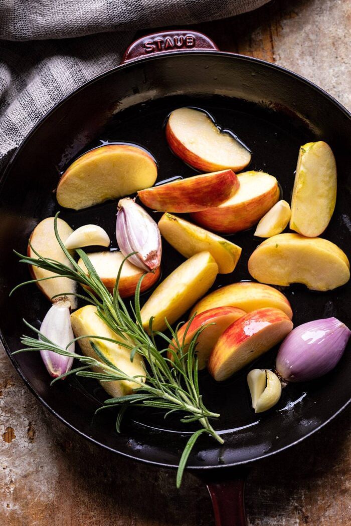 overhead photo of apples in skillet before cooking