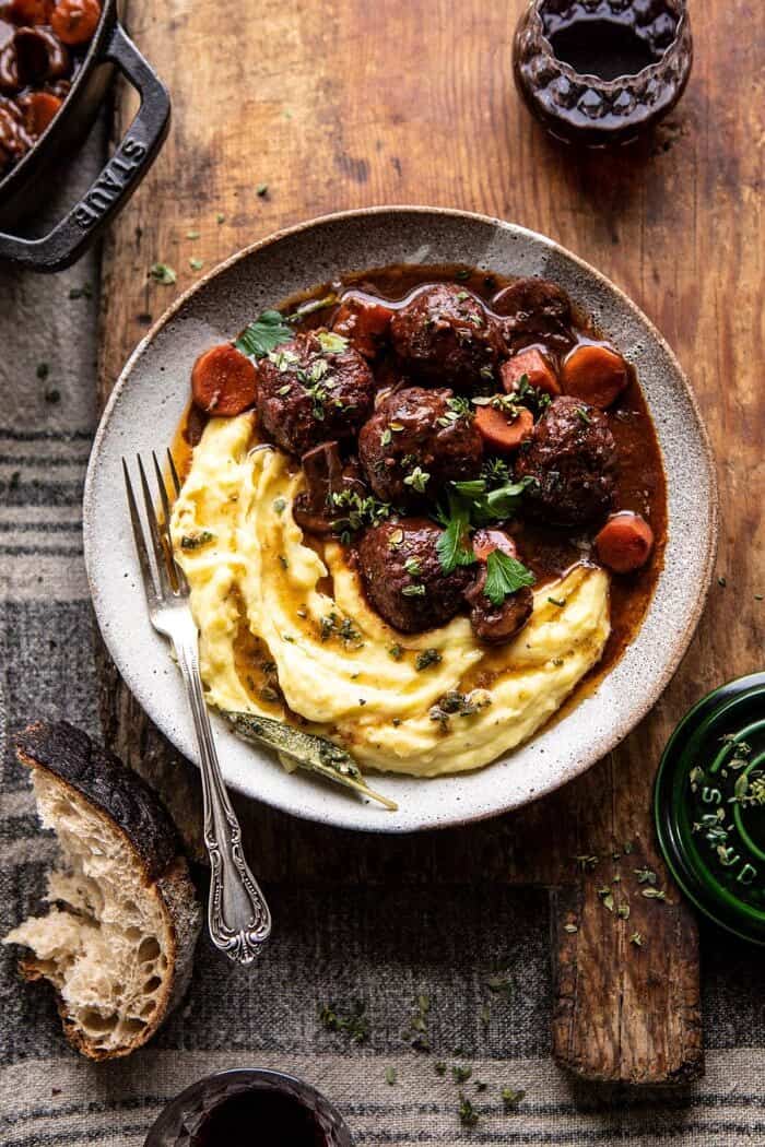 30 Minute Coq au Vin Chicken Meatballs with browned Butter Mashed Potatoes | halfbakedharvest.com #meatballs #easyrecipe #dinner