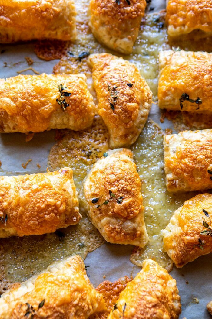 overhead photo of Cheddar Brie Pastries on baking sheet