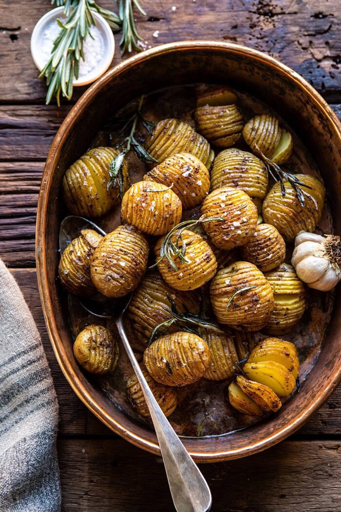 overhead photo of Crispy Rosemary Butter Roasted Potatoes 
