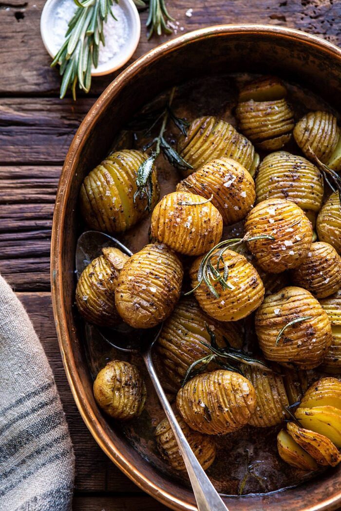 overhead photo of Crispy Rosemary Butter Roasted Potatoes