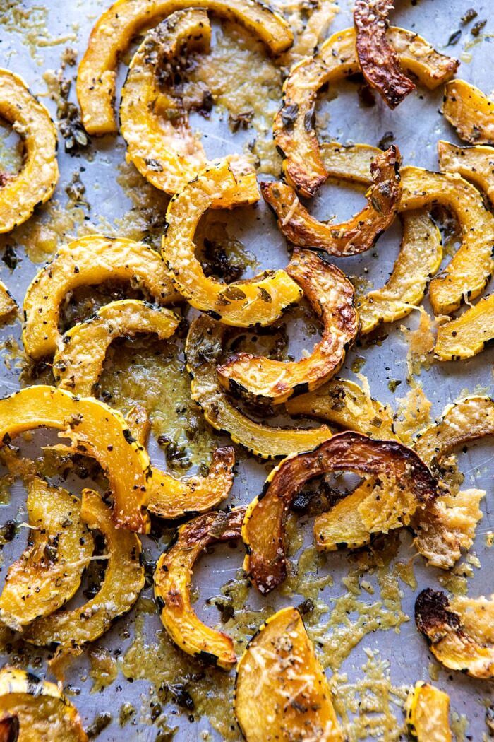 overhead photo of Roasted Delicata Squash of baking sheet