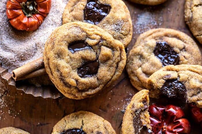 horizontal overhead photo of Pumpkin Butter Chocolate Chip Cookies