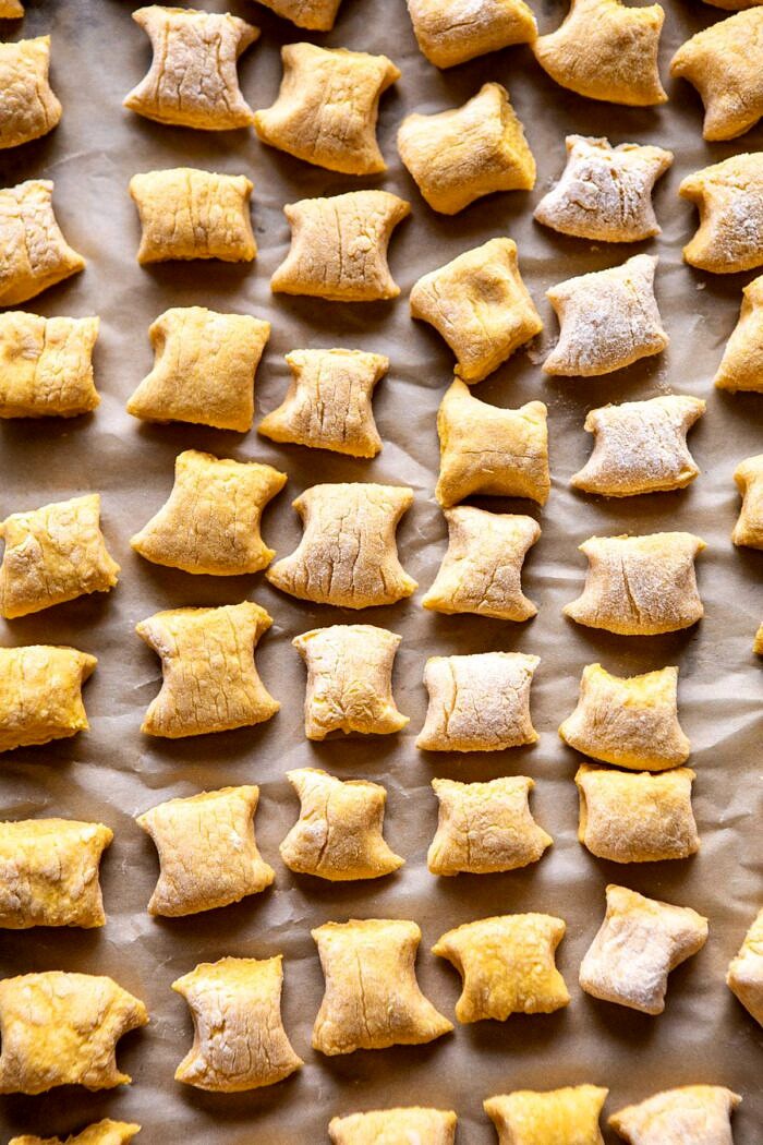 Pumpkin Cauliflower Gnocchi on baking sheet before cooking