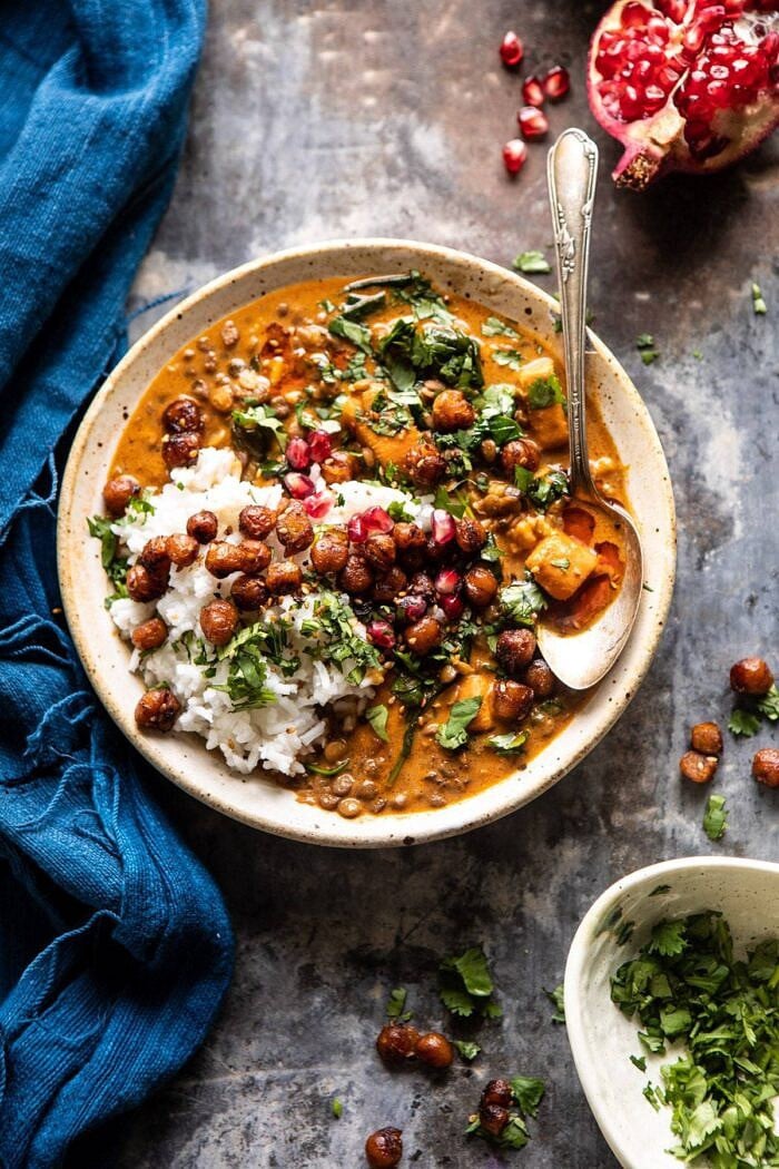 overhead photo of Sweet Potato Lentil Curry with Crispy Sesame Chickpeas