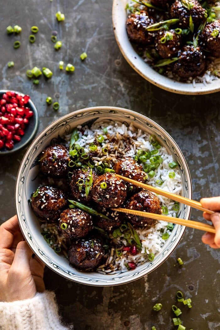 Weeknight Sticky Ginger Sesame Chicken Meatballs | halfbakedharvest.com #easyrecipe #chickenmeatballs #healthy