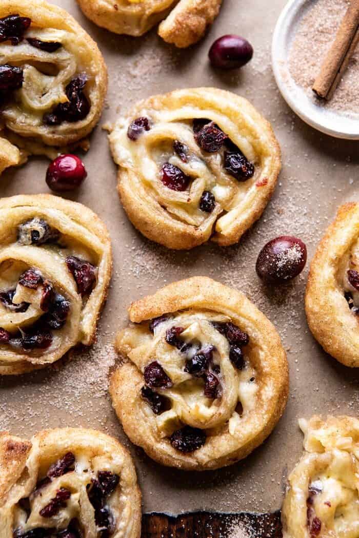 overhead close up photo of 5 Ingredient Cranberry Brie Cinnamon Puff Pastry Swirls 
