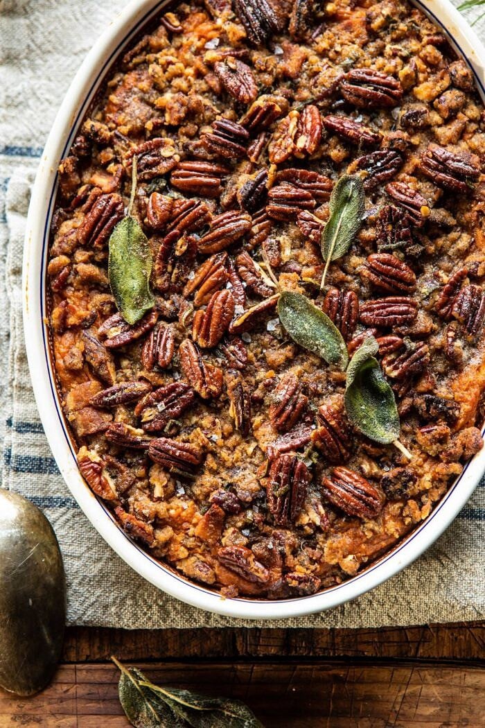 overhead close up photo of Bourbon Sweet Potato Casserole with Sweet n Savory Bacon Pecans 