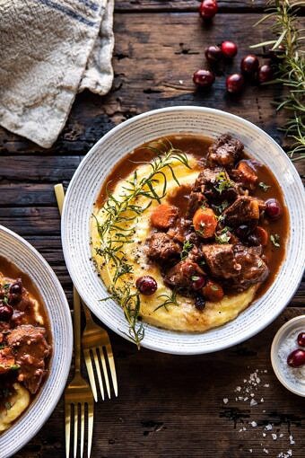 Cranberry Cider Braised Beef Stew with Rosemary Polenta | halfbakedharvest.com #slowcooker #instantpot #beef #polenta