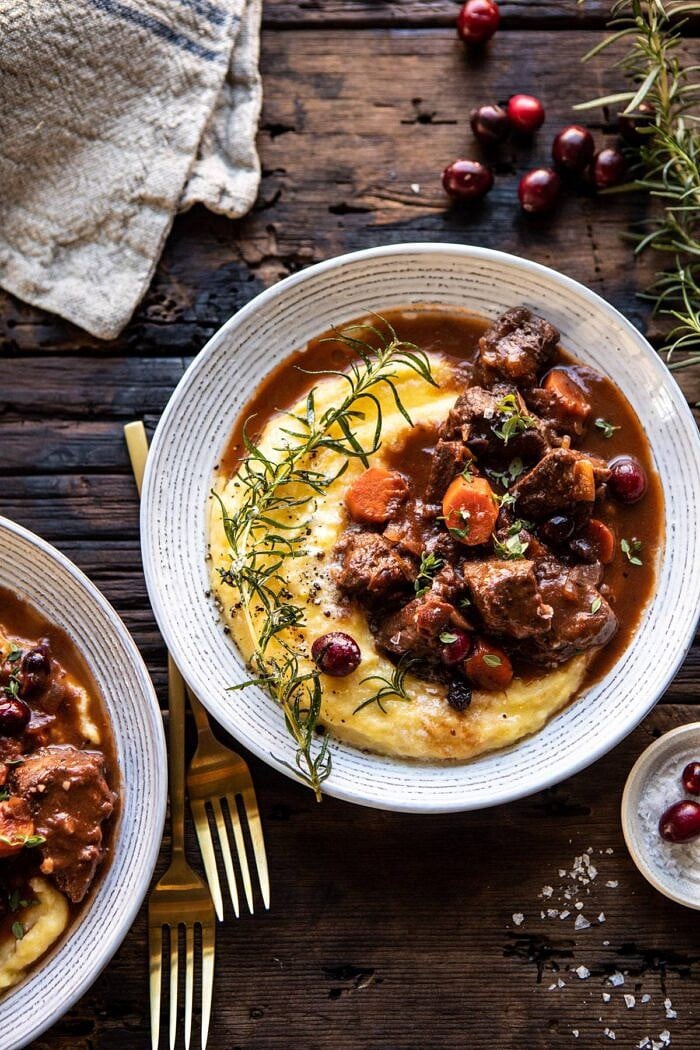 overhead photo of Cranberry Cider Braised Beef Stew with Rosemary Polenta 