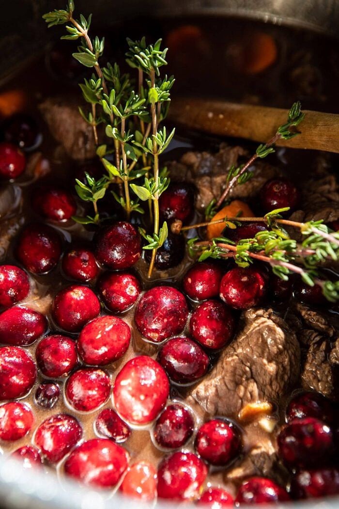 Cranberry Cider Braised Beef Stew with Rosemary Polenta in instant pot before cooking 