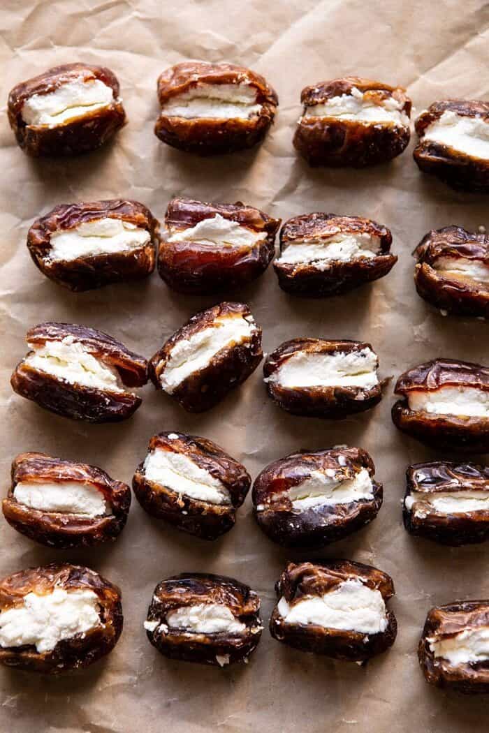 overhead photo Goat Cheese Stuffed in dates before baking