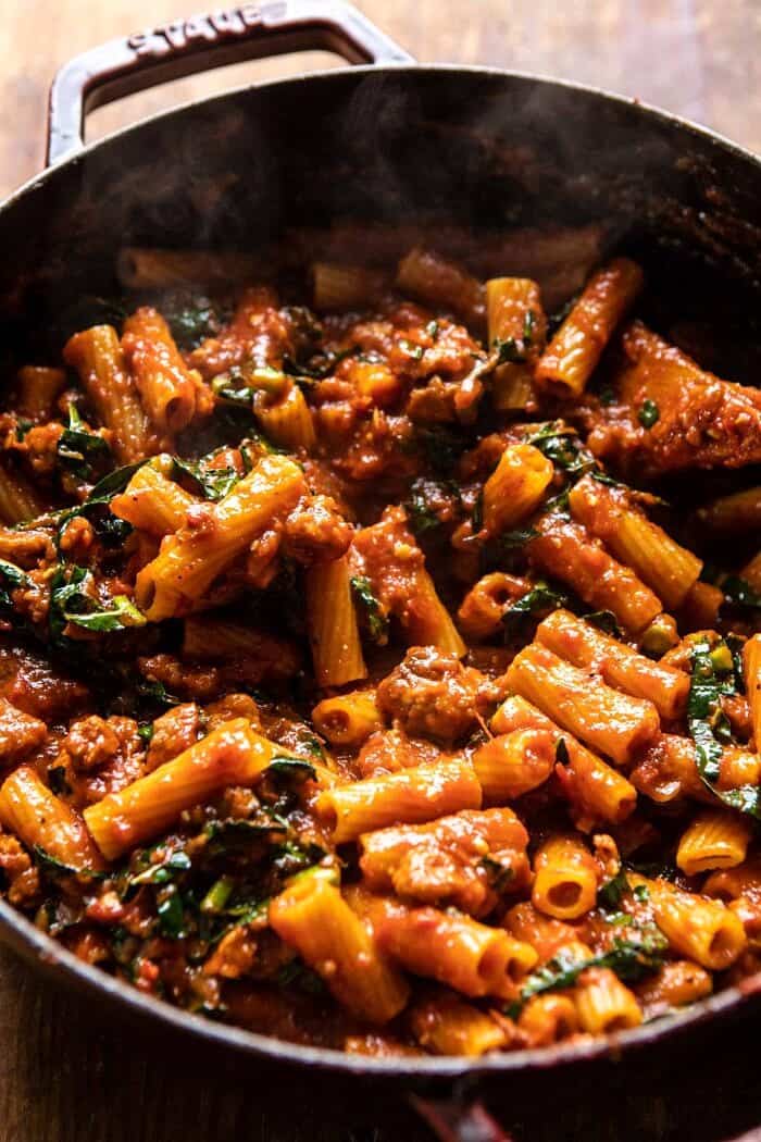 One Pot Spicy Pesto Cheese Rigatoni before baking in pot