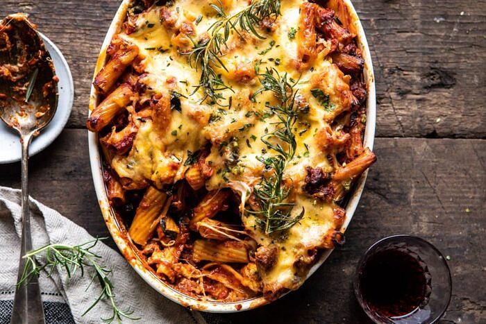 horizontal photo of One Pot Spicy Pesto Cheese Baked Rigatoni