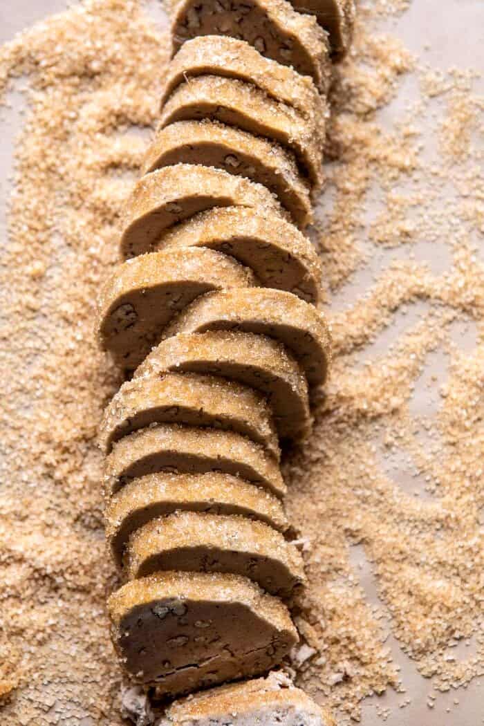 overhead photo of Slice n Bake Salted Chocolate Butter Pecan Cookies before baking 