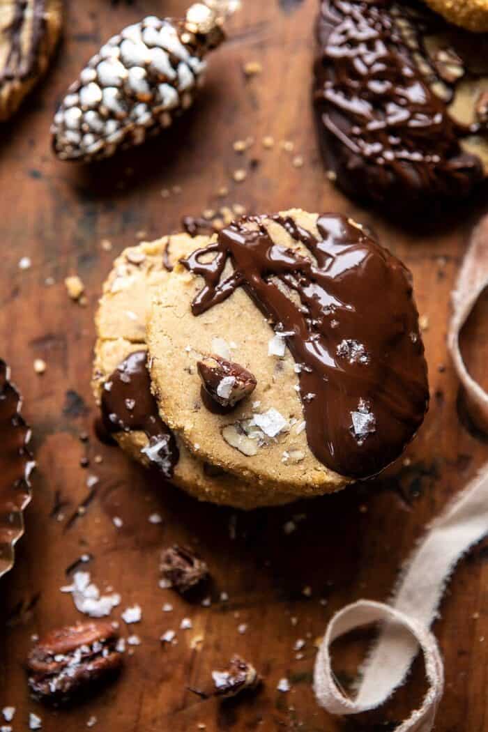 overhead close up photo of Slice n Bake Salted Chocolate Butter Pecan Cookies