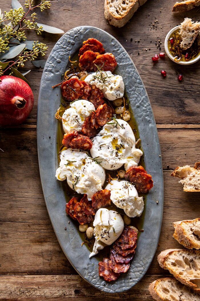 overhead photo of Burrata with Lemon Pepper Salami Bites on serving platter