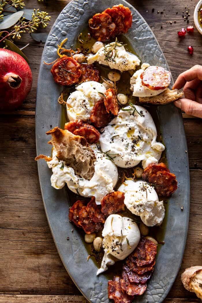 Burrata with Lemon Pepper Salami Bites | halfbakedharvest.com #burrata #appetizer #christmas