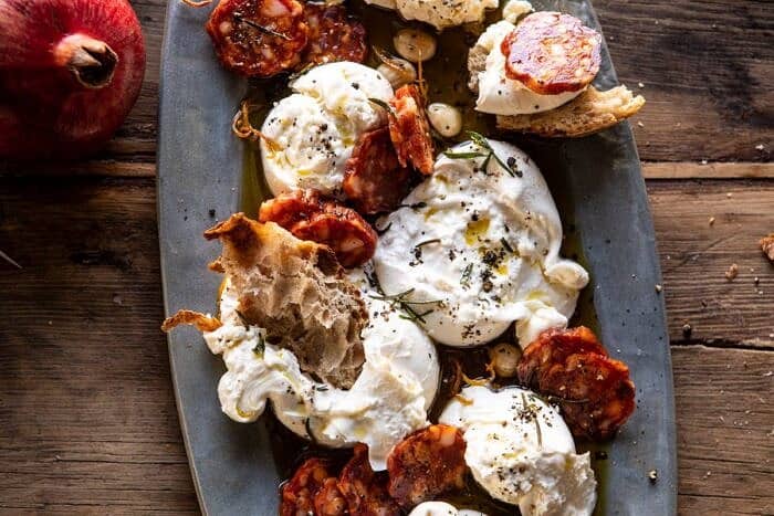 horizontal photo of Burrata with Lemon Pepper Salami Bites 