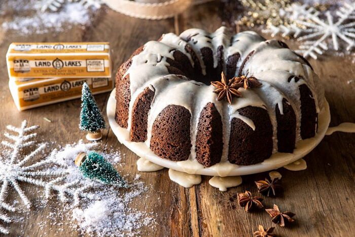 horizontal photo of Cream Cheese Swirled Chai Gingerbread Cake
