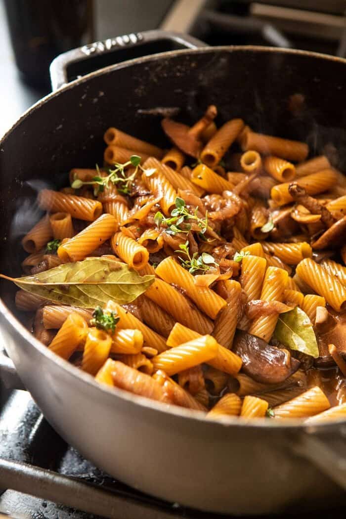 One Pot Creamy French Onion Pasta cooking on the stove-top 