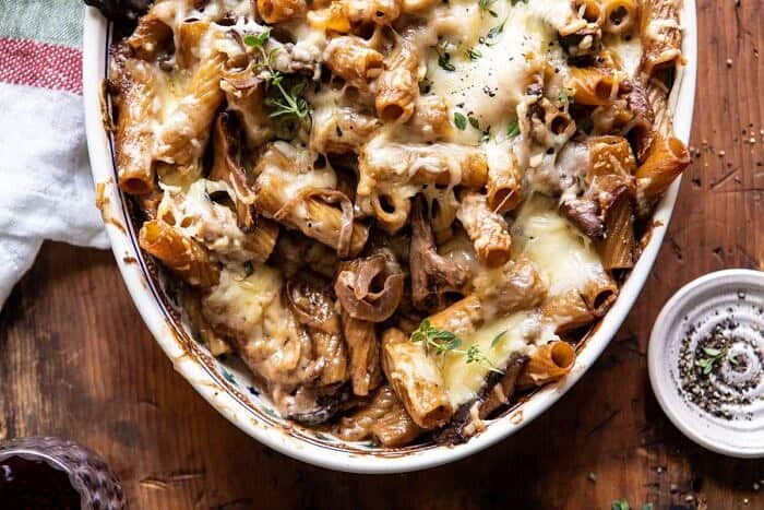 horizontal photo of One Pot Creamy French Onion Pasta Bake 