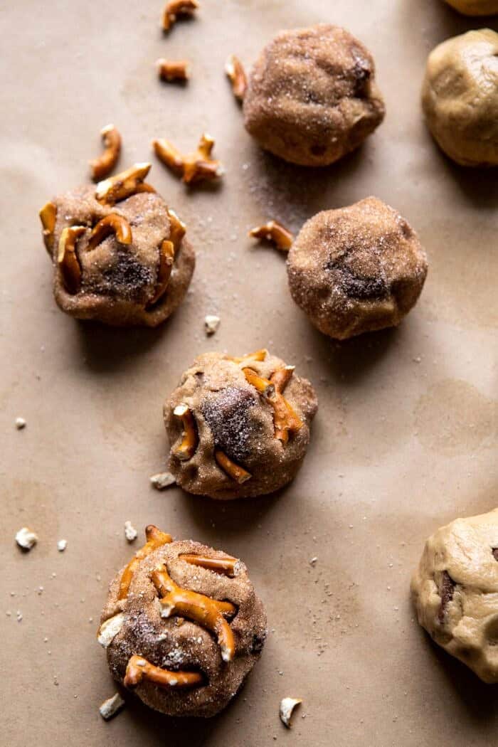 Salted Caramel Pretzel Snickerdoodles before baking on cookie sheet