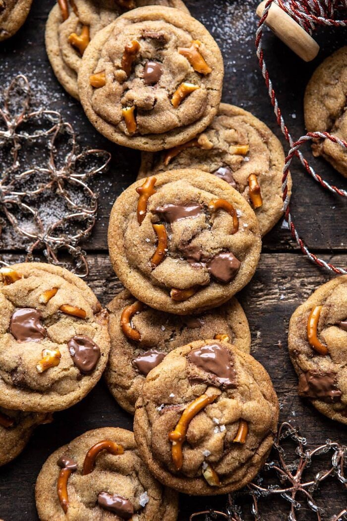 overhead close up photo of Salted Caramel Pretzel Snickerdoodles 