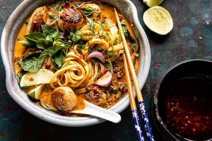 horizontal photo of 30 Minute Thai Chicken Meatball Khao Soi